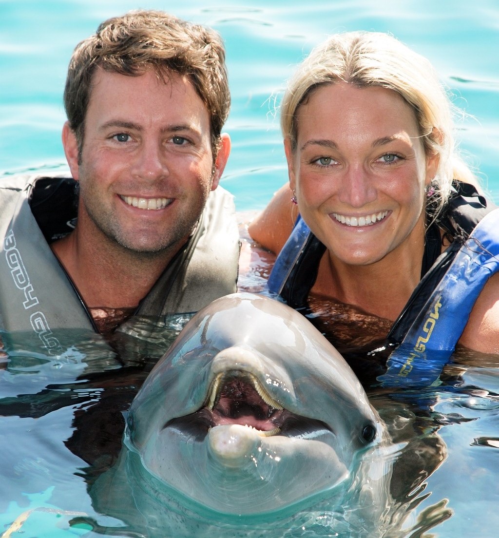 couple swimming with dolphins